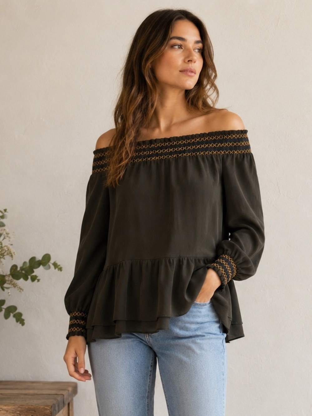 Whistles Dark Olive Smocked Off-the-Shoulder Blouse | Silk Feel | US 8
